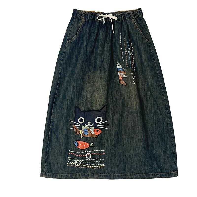Вышивка Весна Джинсовая Юбка Мода Повседневная Женская Уличная Одежда