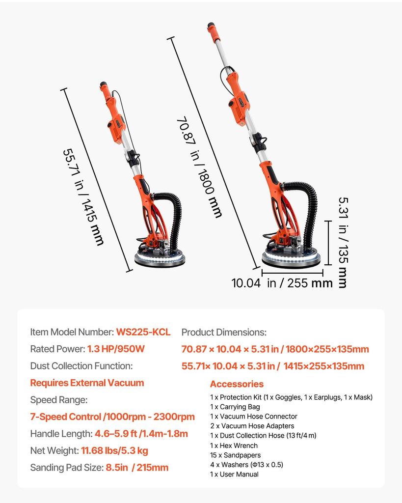 Drywall Sander, 950W Electric Drywall Sander, Popcorn Ceiling Removal Tool with 7 Variable Speed 1000-2300 RPM, Double-Deck LED Light, Foldable &