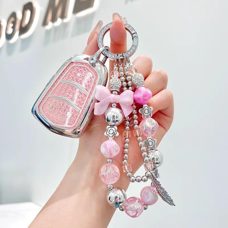 Car For Cadillac ATS CT6 CTS DTS XT5 Escalade ESV SRX STS XTS 28T ELR 4 5 Button Key Case Cover Fob Keychain Crystal Pink TPU