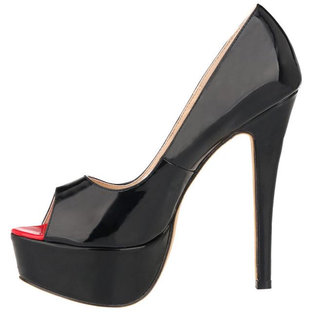 Women Pumps Sexy Peep Toe Platform 14cm Super High Heels Patent Leather Pumps Black Party Dress Red Wedding Shoes Stilettos Shoe