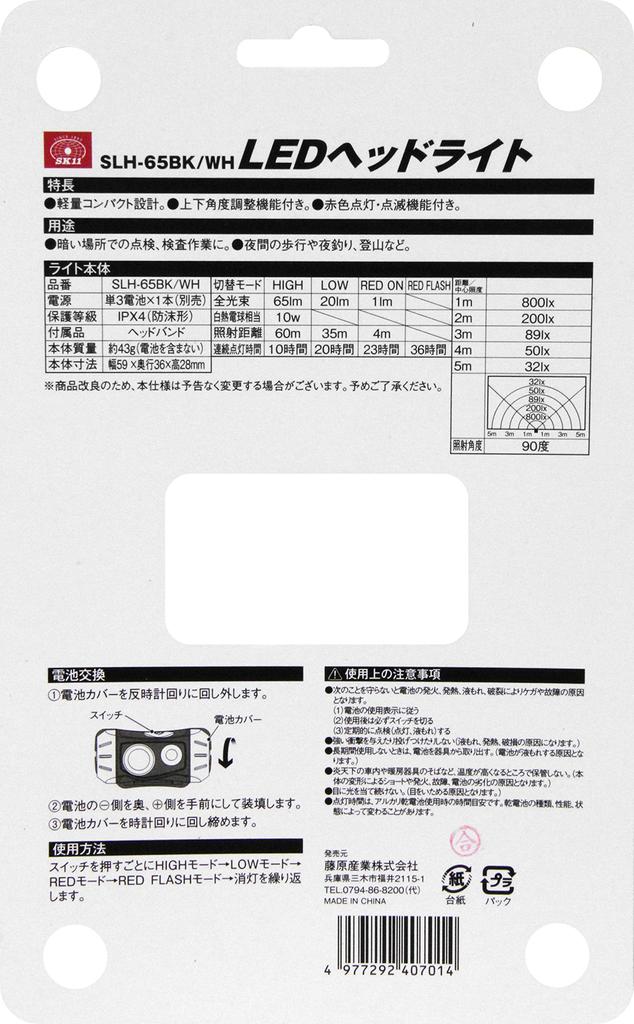 SK11 LED Headlight for Lightweight and Compact Design Work, SLH-65BK/WH
