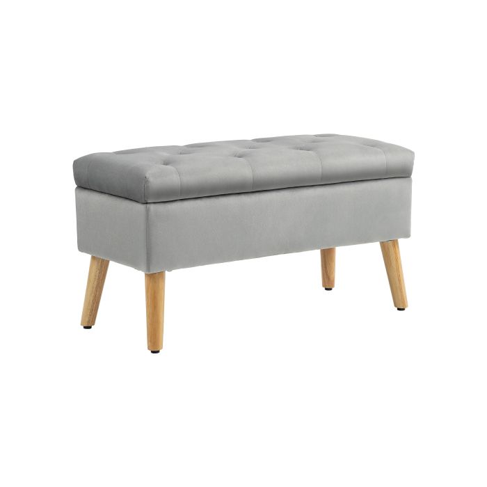 Banc de rangement - MUVOE - 102x35x43 cm - Bois d'hévéa - Gris - Rembourré velours