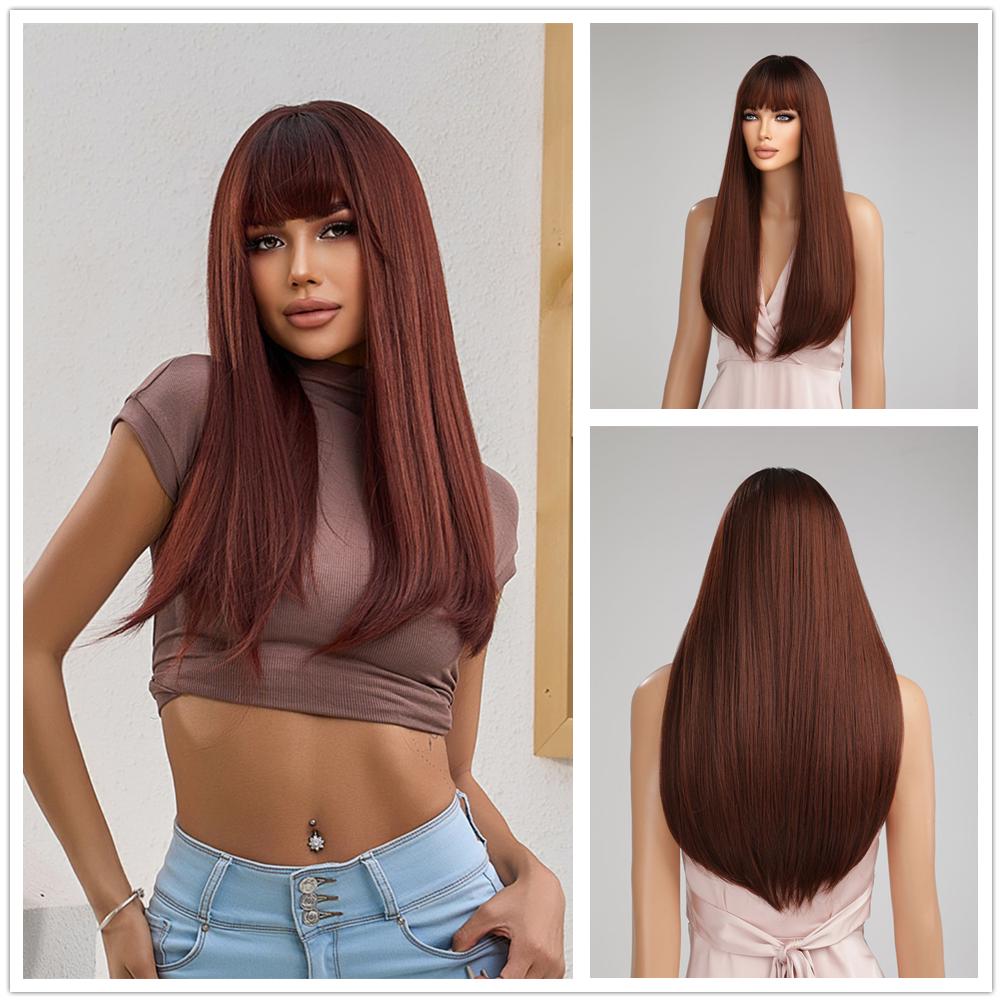 BLONDE UNICORN Длинные прямые парики бордового цвета с челкой, термостойкие парики для женщин, повседневные косплей-вечеринки