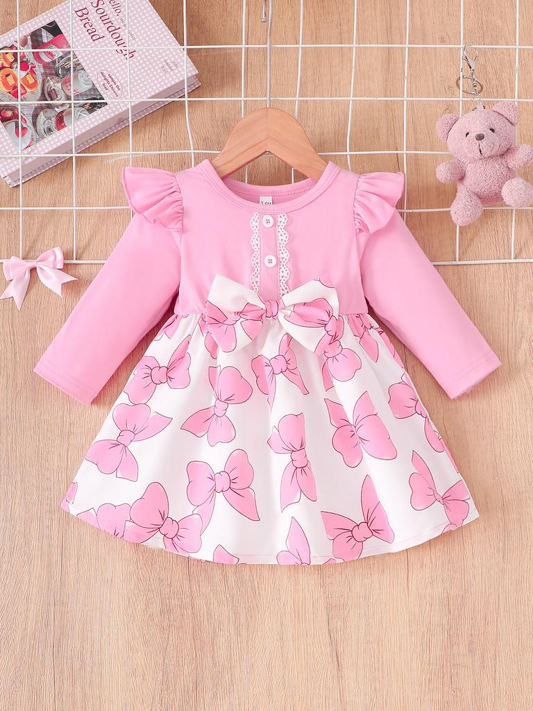 Платье с длинным рукавом и оборками для девочек, базовое с круглым вырезом, повседневное, мягкое платье с принтом для детей