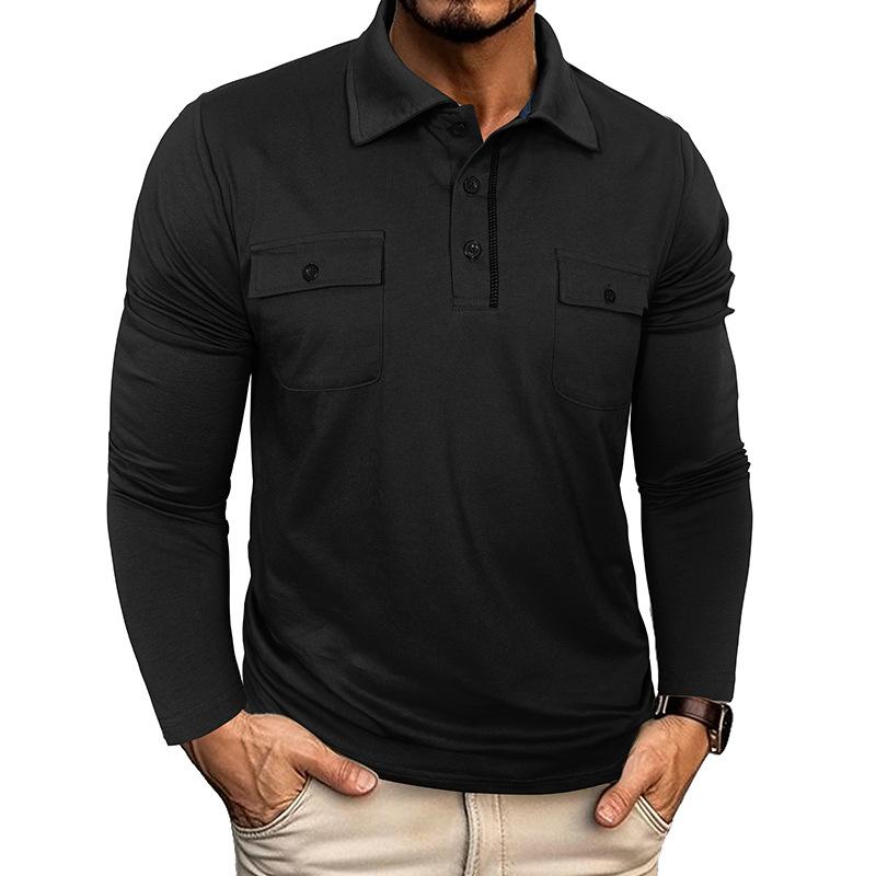 Men's Long Sleeve Polo Shirt with Button-Down Collar and Chest Pockets, Multiple Colors