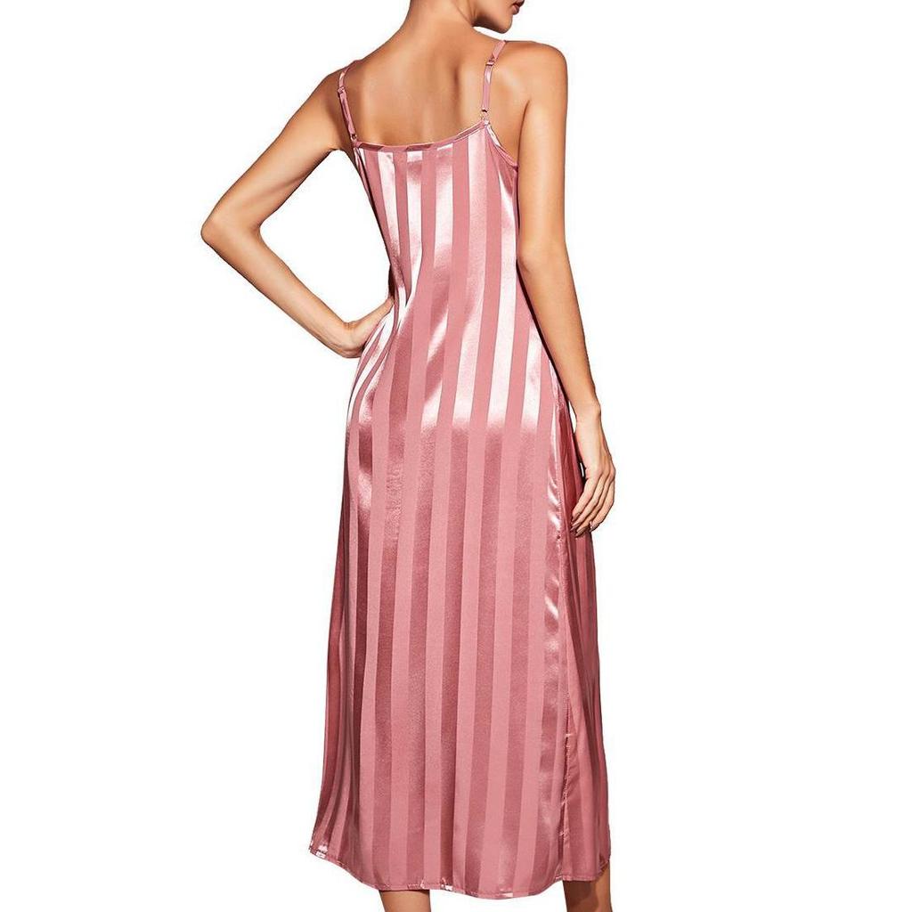 Women’s Nightgown Slip Night Dress 2 Pieces Set Satin Stripe Pajamas Dressing Gown Robe Sleepwear Home Wear Spring Autumn Sleep Lounge Clothes