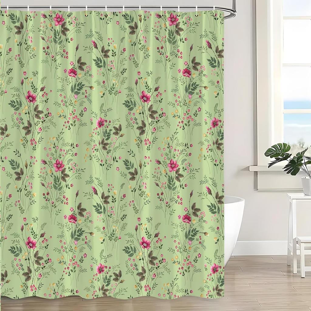 Sage Green Botanical Shower Curtain Floral Vintage Pink Flower Green Leaves Plant Watercolor Wildflower Herb Elegant Bath