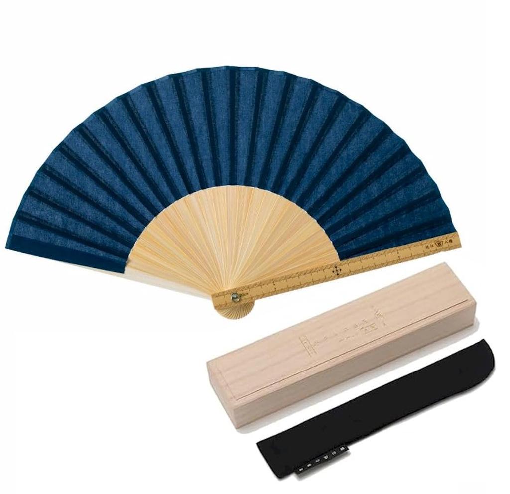 Nishikawa Shouroku Shoten Ruler Paulownia Wood Box with Fan Stylish and Unique Perfect Gift for Day for Men Fan/Bamboo, Pouch, Design, Father's (Navy)