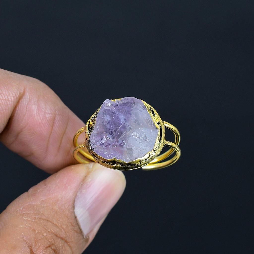 Аметистовое кольцо из натурального камня ручной работы, Медное гальваноформированное кольцо, Антикварное украшение, Регулируемое кольцо Подарок на помолвку