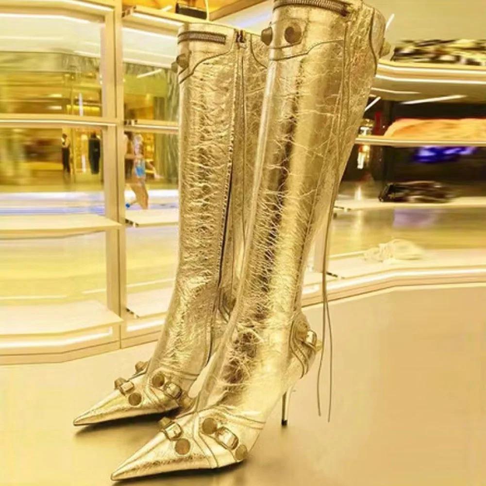 Fashion Sexy Knee High Boots 2024 Winter Boots Brand Design Super High Thin Heels With Rivet Retro Fashion Cool Women Shoes Big Size 46