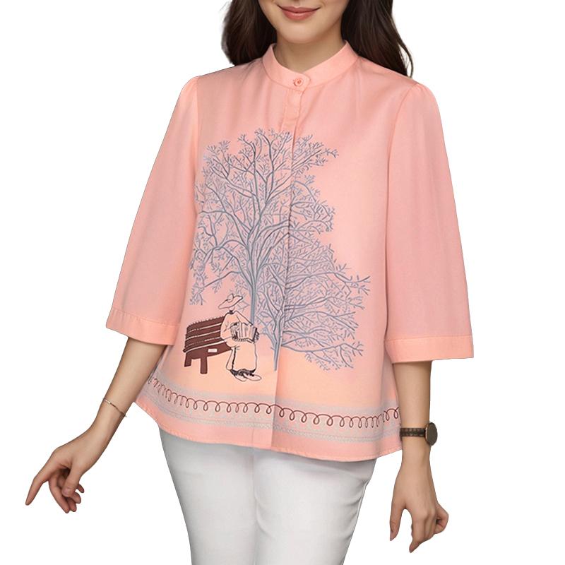 ZANZEA Women Casual Stand Collar Loose 3/4 Sleeve Print Blouse