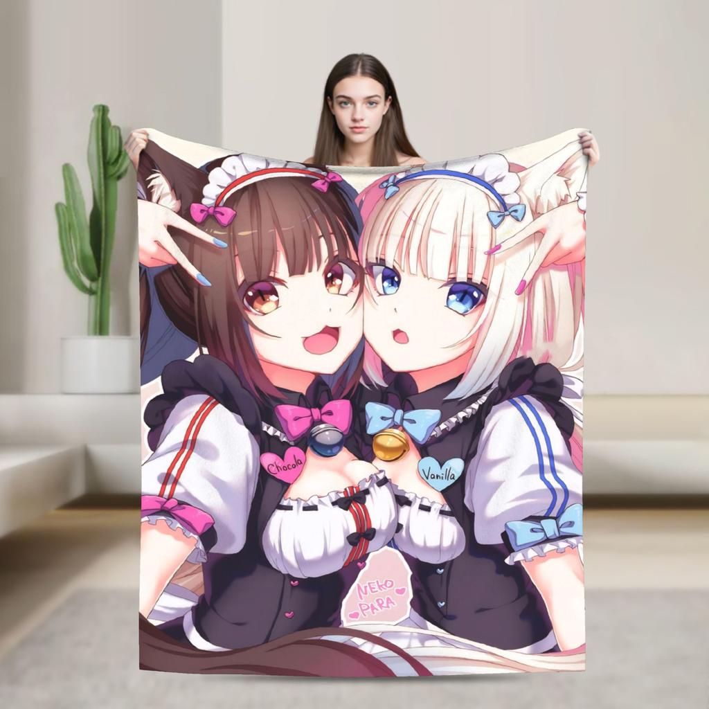 Kawaii Nekopara Anime Catgirls Blankets Fleece  Super Warm Throw Blankets for Outdoor Travel Bedroom Quilt
