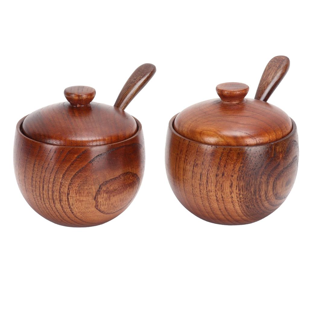 2Set Japanese Seasoning Jar Retro Wooden Condiment Container with Lid and Spoon for Kitchen