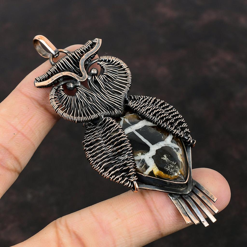 Подвеска из окаменелости в виде трещины в марокканской грязи, подвеска из медной проволоки, подвеска ручной работы из драгоценных камней, изумительное медное украшение, подвеска в виде совы, подарок на годовщину