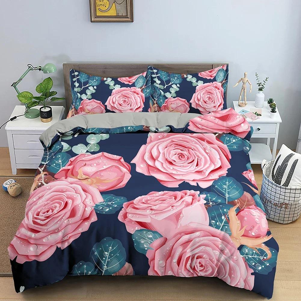 3D Rose Flower Duvet Cover Queen King Double Bedding Set Quilt Cover with Zipper Closure King Size Polyester Quilt Cover