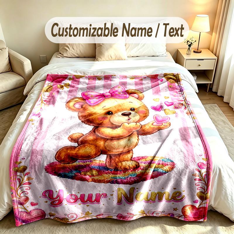 Teddy Bear Theme Custom Blanket Personalized Name & Text Customized Soft Warm Throw Blanket Home Decor