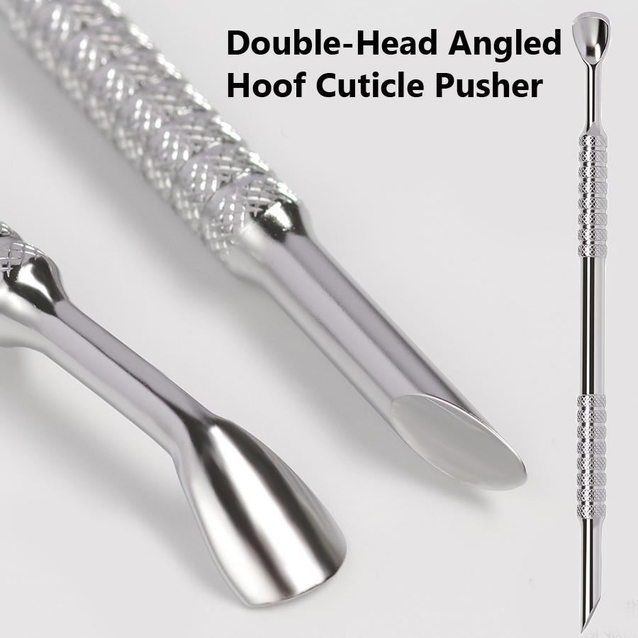 Двусторонний angled cuticle pusher из нержавеющей стали с скошенным краем и текстурированной ручкой