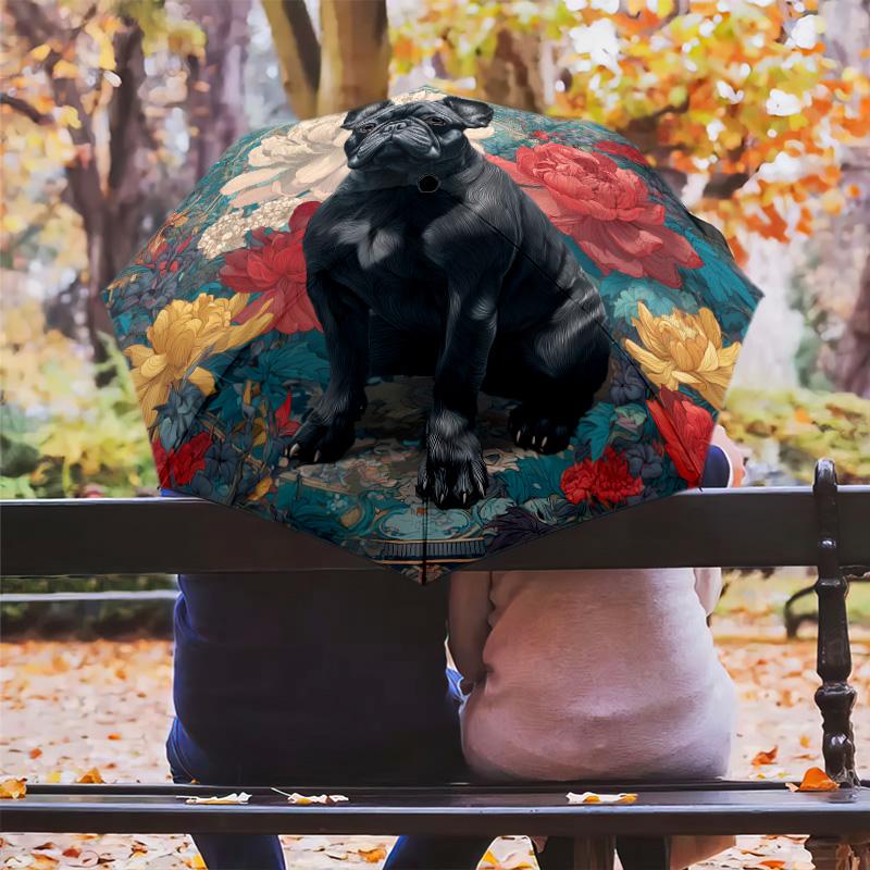 0106 Черный зонт-трость с цветочным узором и изображением собаки, автоматический складной, портативный и компактный дизайн, 8 спиц, рождественский или подарочный вариант.