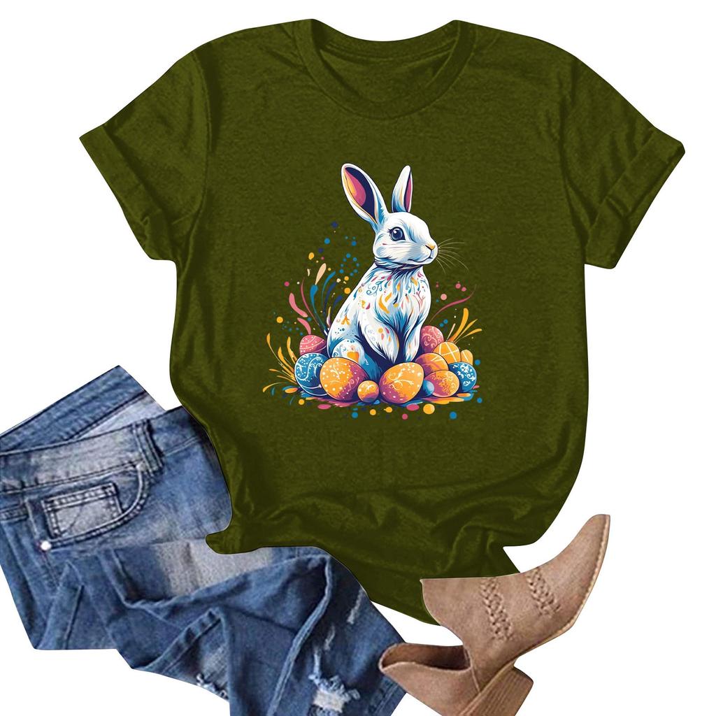 Women's Easter Bunny Print Neck Short Sleeve T-Shirt Top