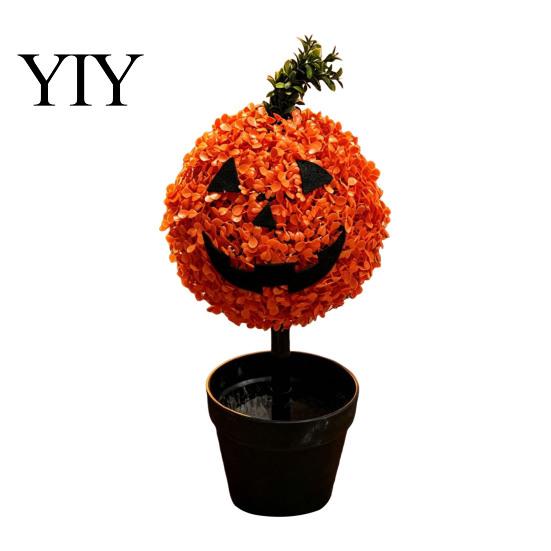 Artificial Pumpkin Topiary Tree Tree, Halloween Face Faux Boxwood Plants with Stake, Weatherproof Garden Lawn Ornaments Fall Autumn Thanksgiving Decor