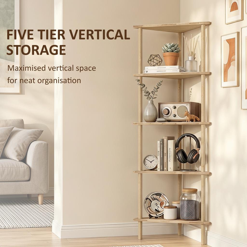 Bamboo Storage Shelf, 5-tier Corner Shelf, Freestanding Shelving Unit for Living Room, Home Office, Natural Wood Finish