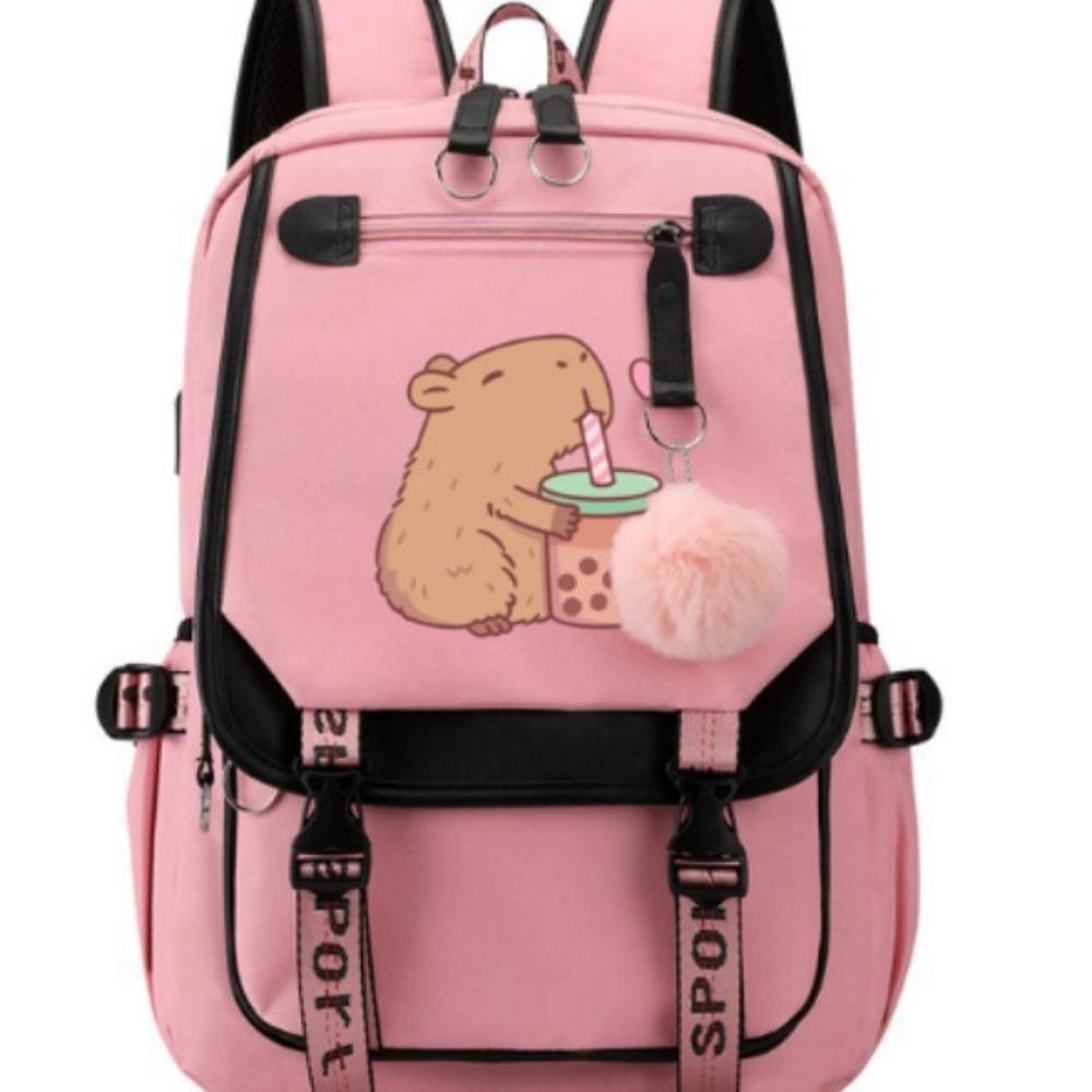 Милый мультяшный рюкзак с рисунком капибары, пьющей молочный чай, для учеников средней и старшей школы, большой вместимости, дорожная сумка
