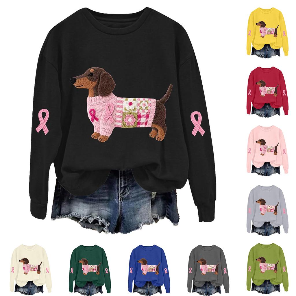 Breast  Sweatshirts For WomenRibbon Breast  Shirt Cute Dog Graphic  Long Sleeve Tops