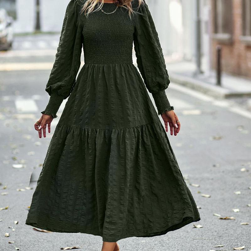 Женщины с круглым вырезом и пышными рукавами, сплошное цветное платье миди с высокой талией и темпераментом