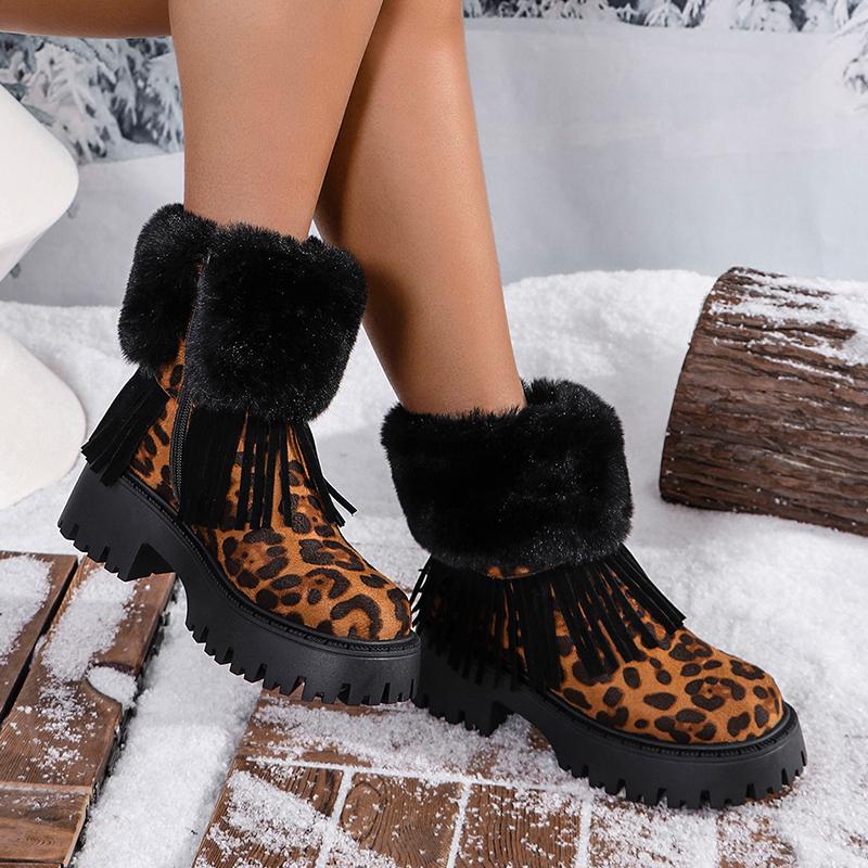 Женские зимние ботильоны на платформе с леопардовыми кисточками, замшевые меховые туфли на среднем каблуке, короткие плюшевые зимние ботинки 2025 года, тренд, теплые ботинки для женщин