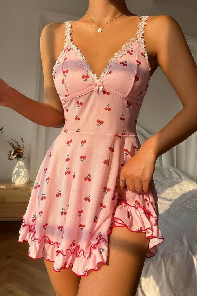 Bella Notte Romantic Pink Cherry Print Strap Thong and Nightgown Cute and Comfortable Women’s Lingerie Set