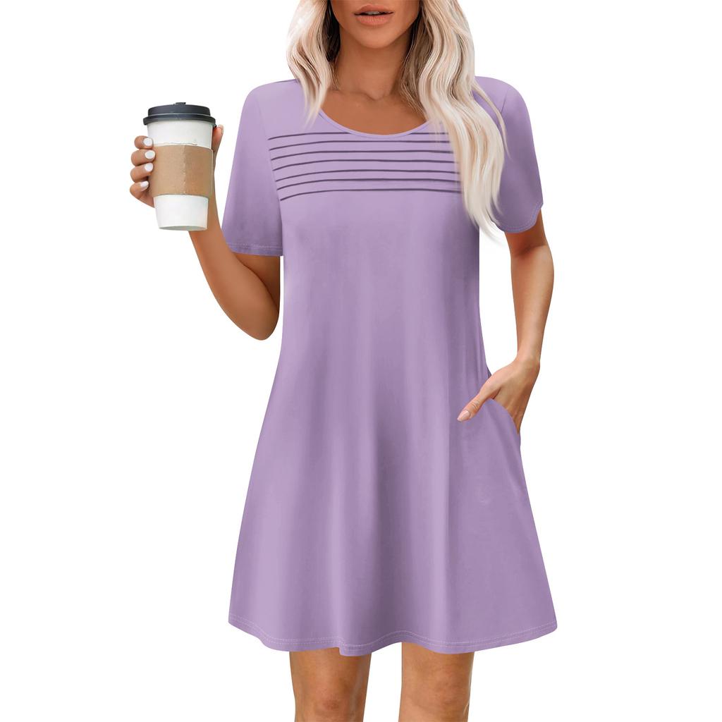 Women's Summer Casual Round Neck Pleated With Pockets Solid Color Short Sleeve Dresses