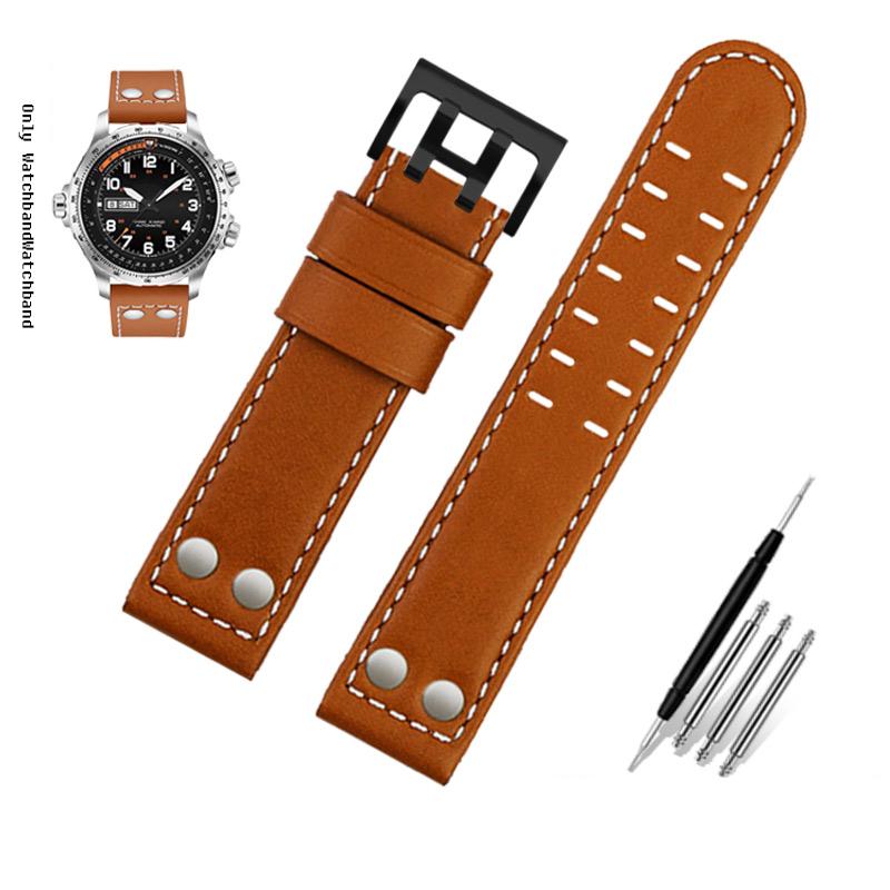 Для ремешка часов Hamilton Khaki Aviation H77616533 H760250 Field Мужской Натуральная кожа Заклепка Браслет для часов 20 мм 22 мм Коричневый