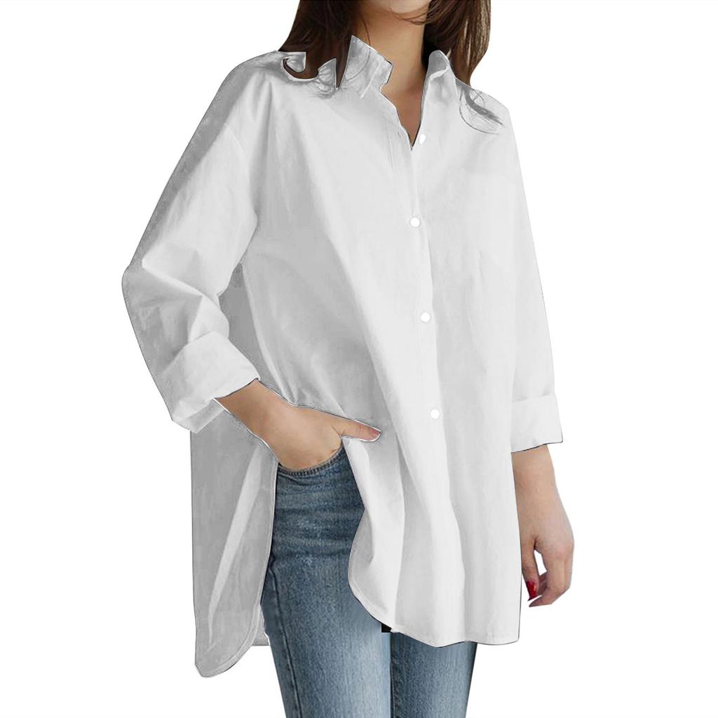 Women's  Casual Fashion Solid Color Single-breasted Lapel  Stitching Long-sleeved Loose Shirt