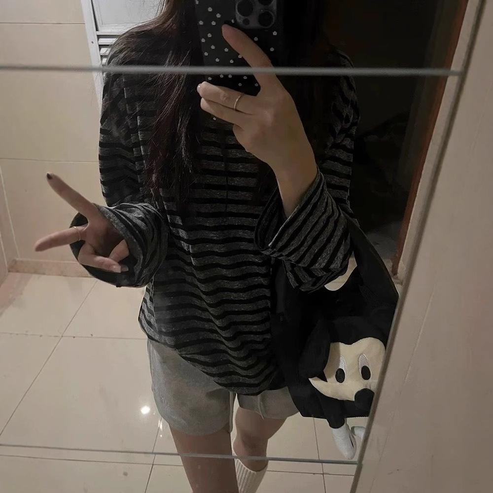 Женская футболка с длинным рукавом в полоску с цветными блоками - Корейский свободный крой, Шикарный гонконгский стиль