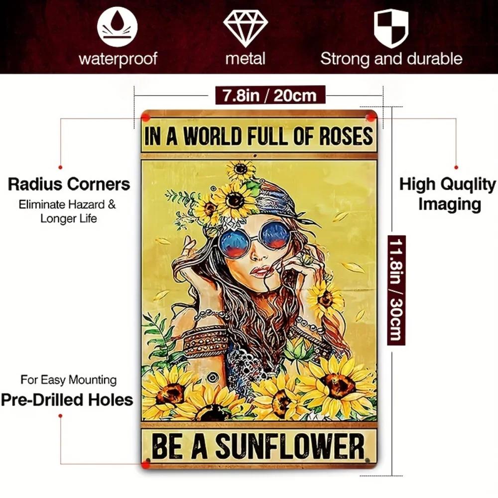 1pc Hippie Room Wall Decor Vintage Metal Sign, Sunflower Wall Decor Poster, Hippie Poster, Bathroom Decor Kitchen Sign