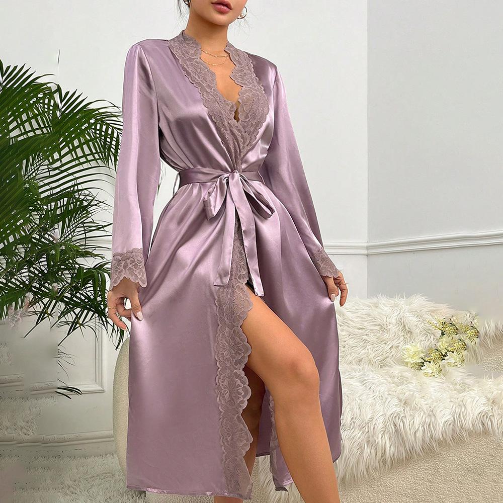 Satin Lace Sleepwear Set Luxury Long Sleeve Robe Cooling Nightgown Sexy Loungewear Bathrobe Women Elegant Home Dress