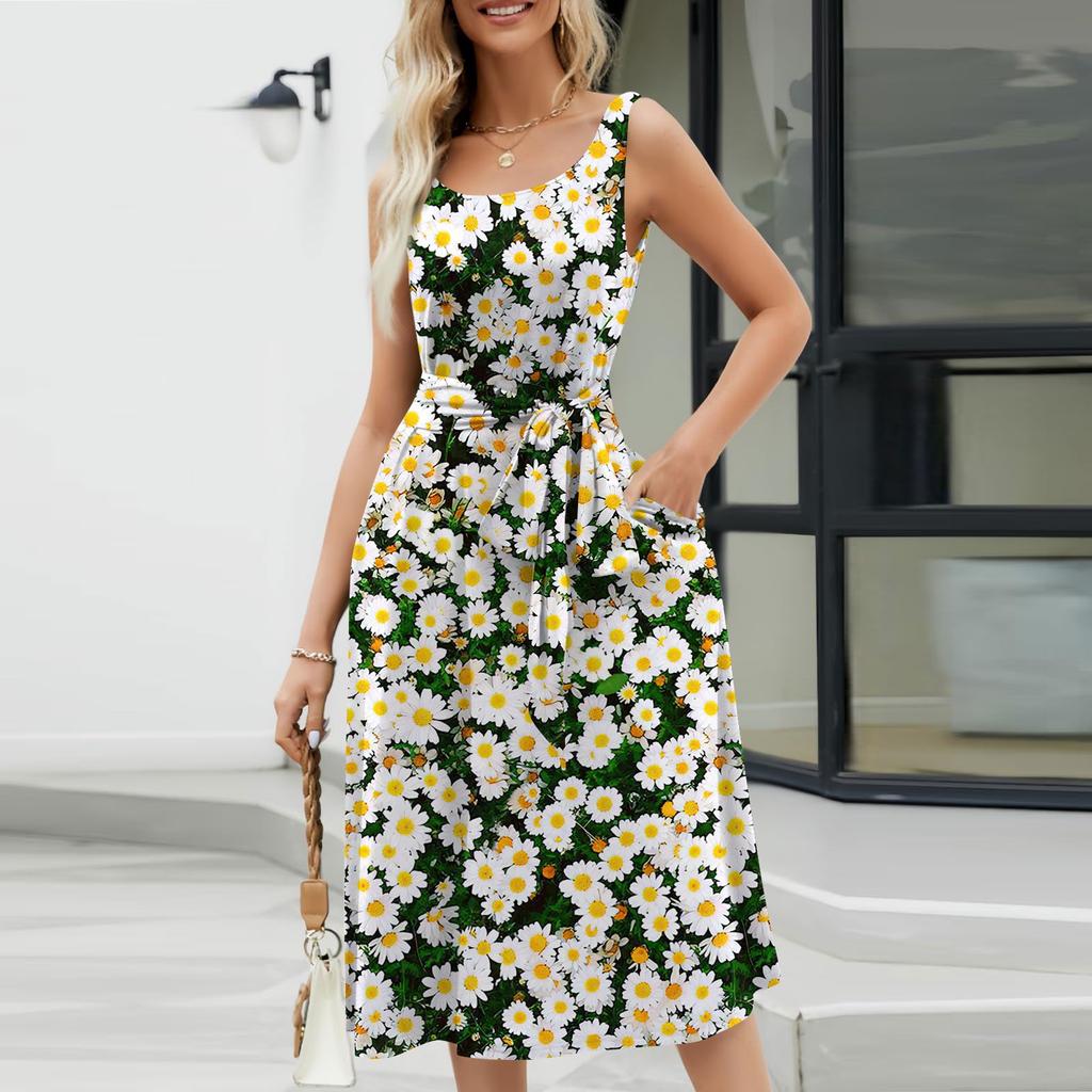 Женское летнее пляжное свободное платье трапециевидной формы средней длины с круглым вырезом и без рукавов, платье-жилет с карманом на шнуровке и цветочным принтом