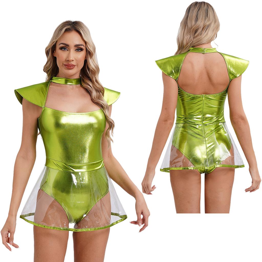 Костюм инопланетянина для взрослых, костюм для косплея, блестящий облегающий комбинезон с вырезом, танцевальное шоу на пилоне, клубная одежда для вечеринок, карнавала на Хэллоуин