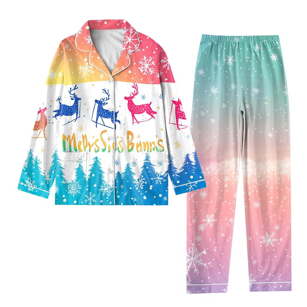 Детский рождественский костюм из 2 предметов с принтом, топ с длинными рукавами и застежкой на пуговицы, широкие брюки, комплект пижамы, домашний повседневный костюм
