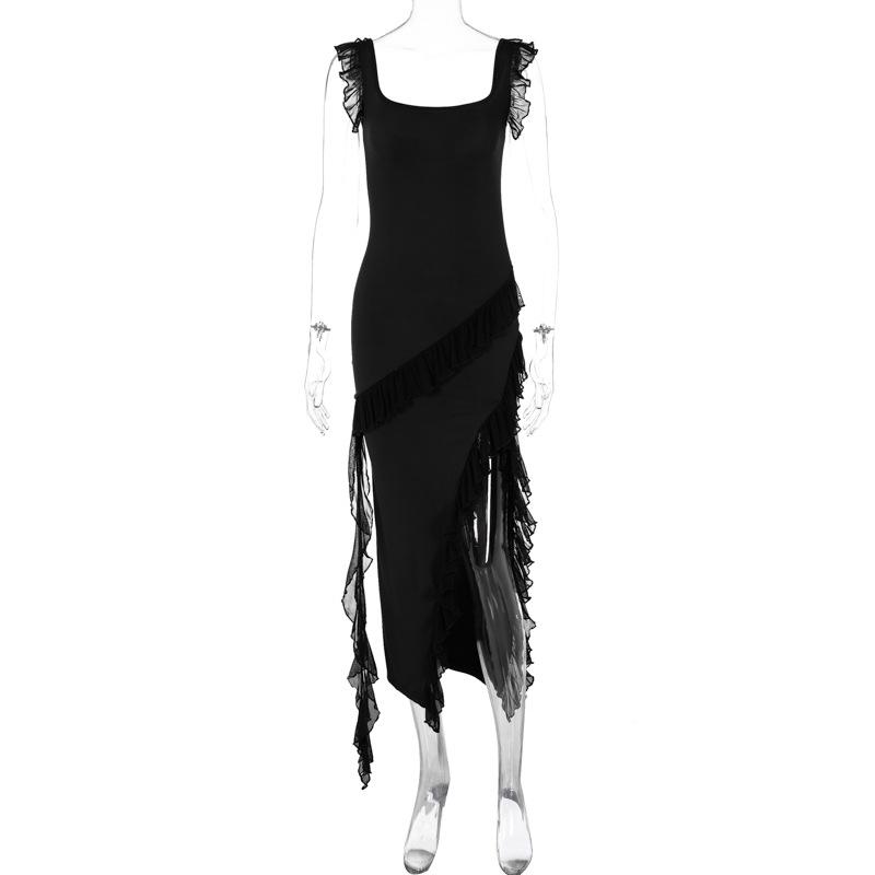 Летнее женское модное сексуальное платье с оборками и разрезом - Платье-бодикон на бретельках-спагетти, сшитое, темпераментное, сексуальное