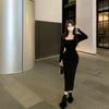 Elegant French Style Square Neck Knit Midi Dress Women Slim Fit Bodycon Long Sleeve Winter 2026