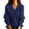 Женская мода V-образный вырез однотонный трикотажный низ рубашка длинный рукав пуловер топ свитер