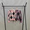 High Fashion Mohair Color Block Diamond Check Crew Neck Sweater