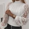Women Autumn and Winter Sexy Half High Neck Twist Stitching Lace Lantern Sleeve Knitted Sweater