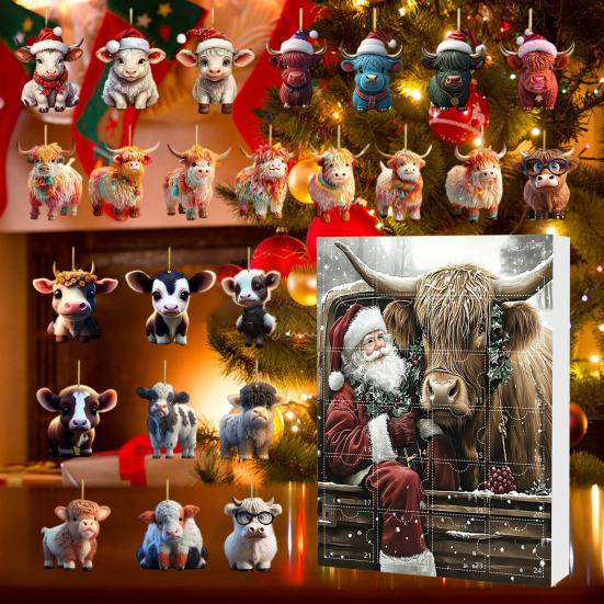 Highland Cow Ornaments Advent Calendar 2025 24 Days Christmas Countdown Calendar with Cartoon Cows Ornament for Xmas Tree Decor
