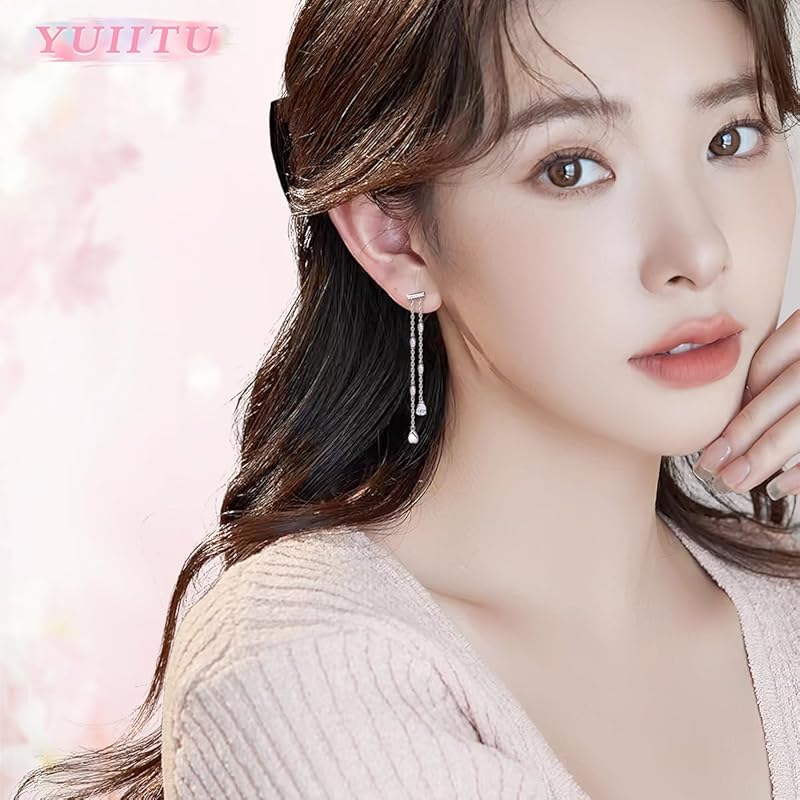 YUIITU Earrings Ladies Popularity High Quality Zirconia 2 Series Sway Drop Silver Compatible with Metal Allergies 18k Gold Brachira Plating Long
