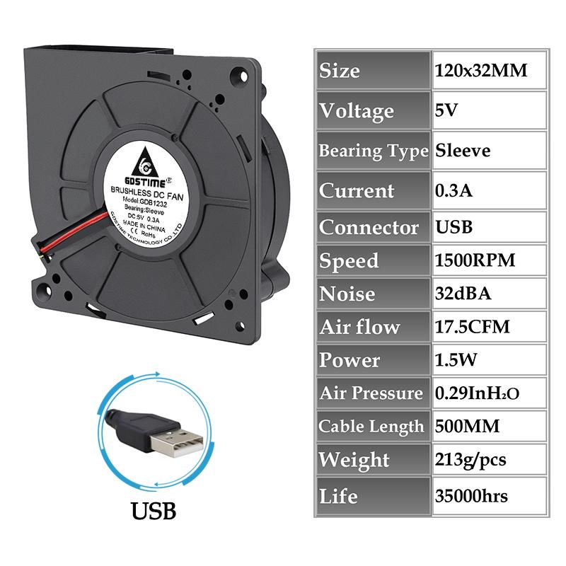 Gdstime 120MM Turbo Blower Fan DC 5V 12V 24V Radial Fan 120x120x32MM Large air volume Fan for BBQ Grill,Industrial Portable Fan