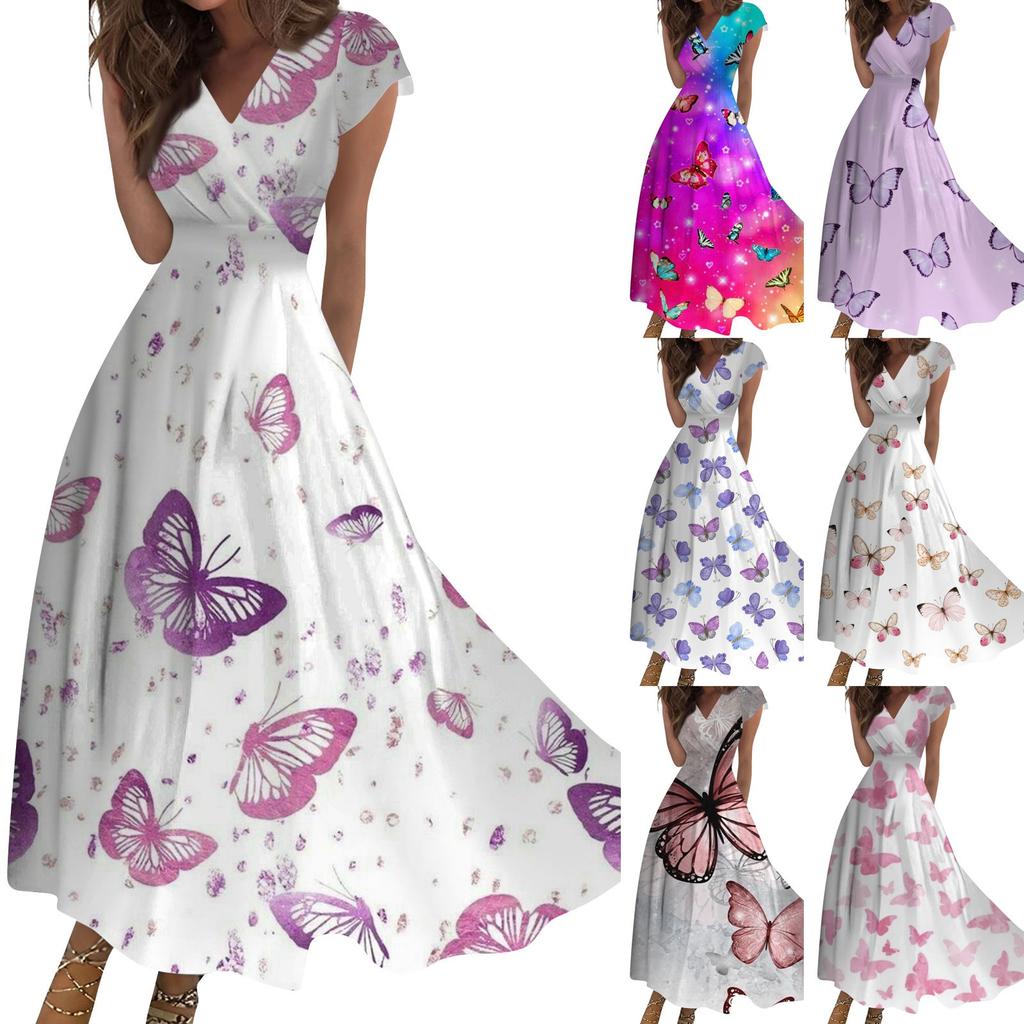 Женское длинное повседневное платье. Летнее платье с короткими рукавами и v-образным вырезом на талии с принтом.