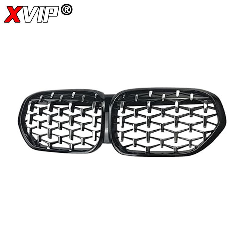 XVIP Carbon Fiber Look Double Line Style Front Racing Grills For BMW X1 F48 LCI 2020-2022 All Black Diamonds Style Upper Grilles