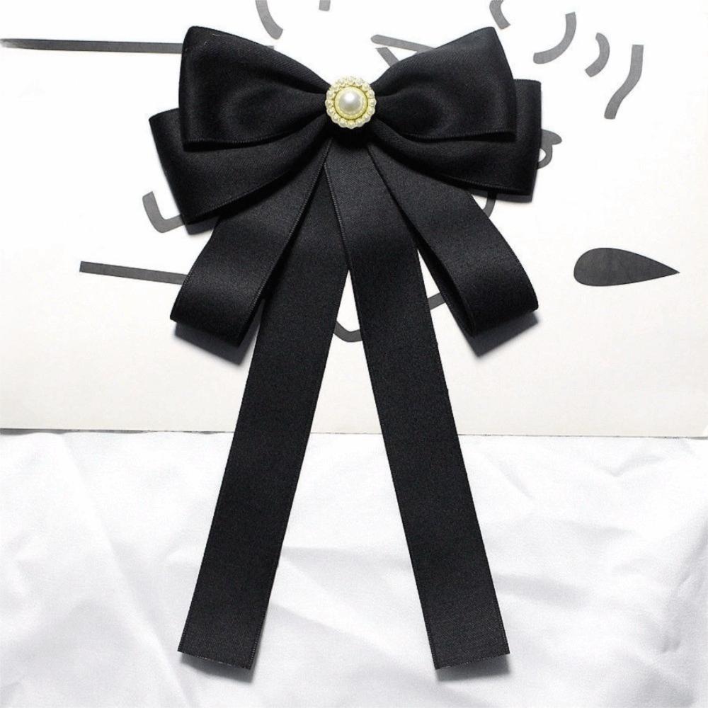 Pearl Black Ribbon Pin Beads Ribbon Badge Brooch Sweet Black Bow Necktie  Parties